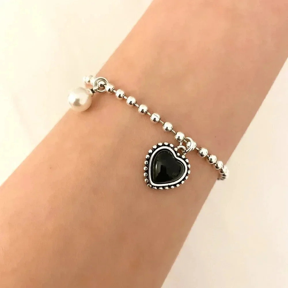 925 Sterling Silver Dainty Bead Bracelet Minimalist Heart & Pearl Charm Bracelet